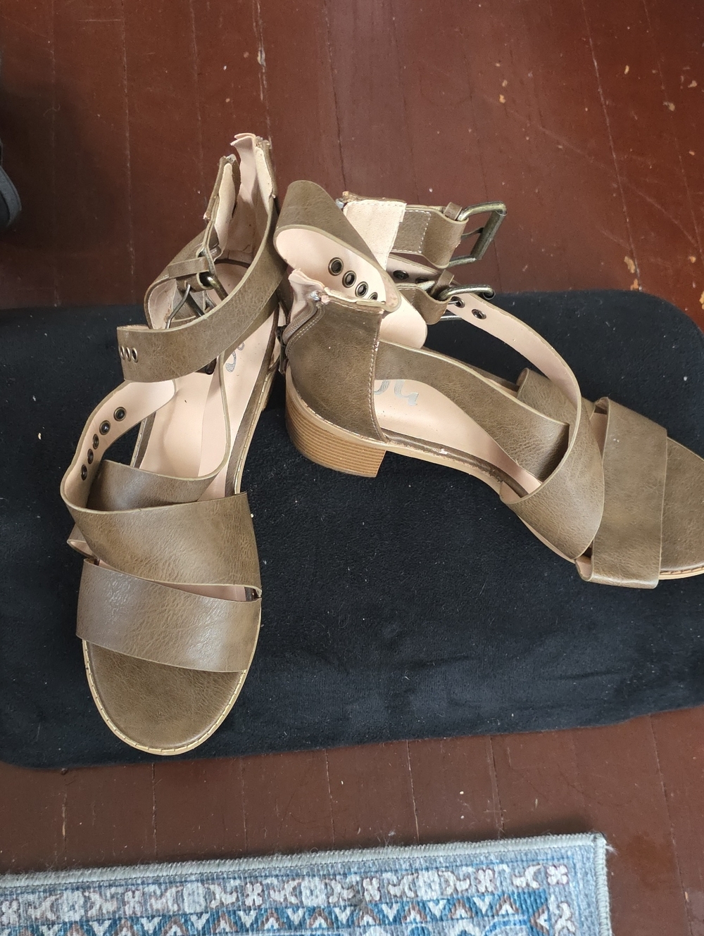 Womens Olive Ankle Strap Block Heel Sandals